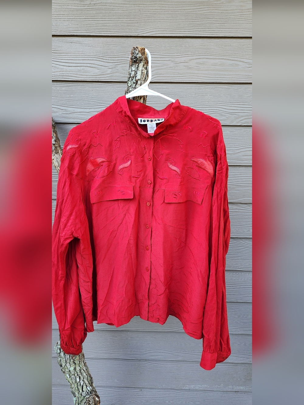Jordan 100% Silk  Red Long-Sleeve Embroidered Button-Down Shirt